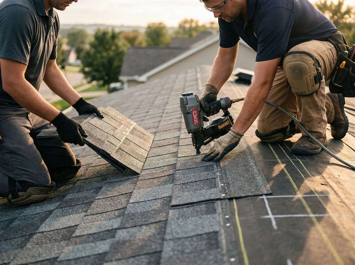 Professional roofer working on a residential roof in Chickasaw